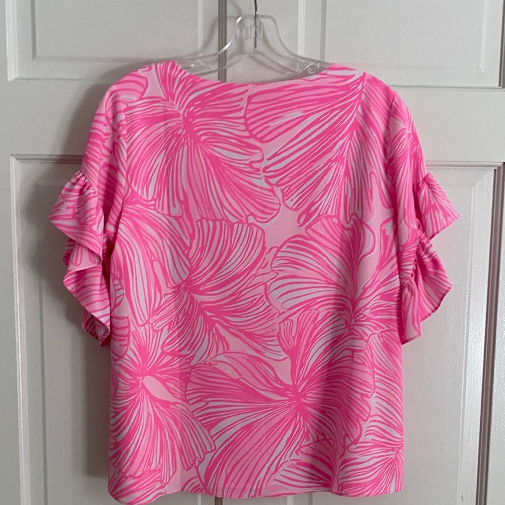 Lilly Pulitzer Pink Top Darlah Floral Ruffle Sleeve Summer Top Relaxed Fit XS - Picture 8 of 11